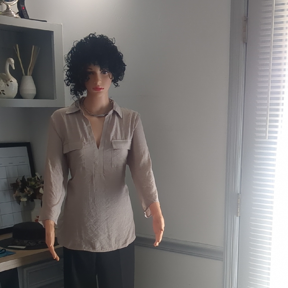 NY Collection Cream Fitted Button Down Polo Blouse